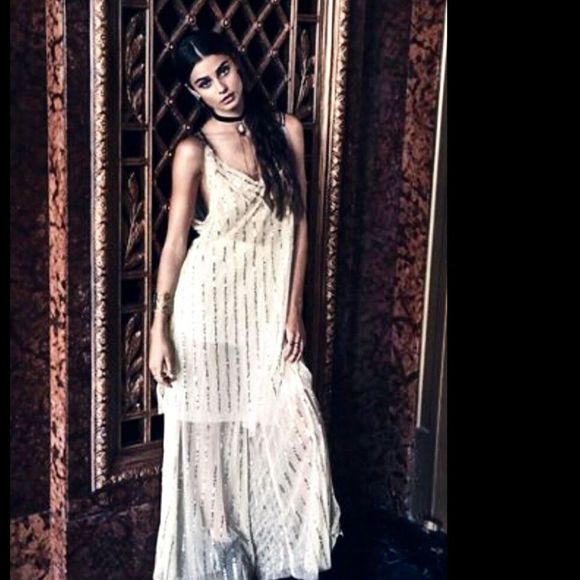 Free People ivory Mesh GoldSequin Skirt WidePant M - Picture 2 of 7